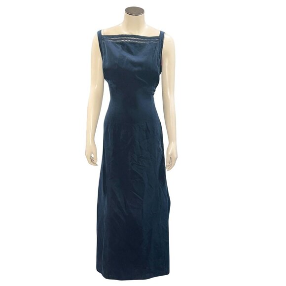 Mondi 44 Navy Blue Silk Sleeveless Maxi Dress Vintage 90s Formal Gown Slit Back - Picture 2 of 9